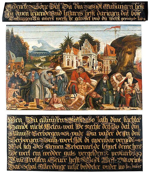 Works of Mercy with Dives and Lazarus (in three parts), 1550, 