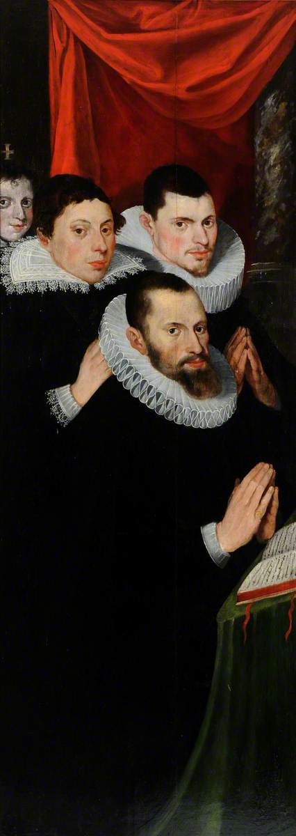 Part of a Diptych: Four Donor Figures of Men, Dressed in Black with White Ruffs, Praying  (left wing, 1620, 