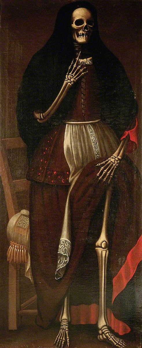 A Skeleton as a Woman Wearing a Brown and Red Dress and a Black Headdress, 1680, 