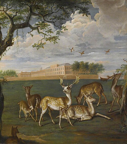 Fallow Deer in Hyde Park, with Kensington Palace, 1695, 