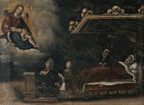 A Man and Woman Praying to the Virgin and Christ, with a Woman in Bed Attended by a Nurse, 1720, 