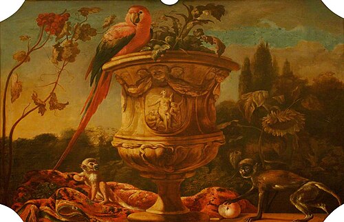 Overdoor with a Vase, Parrot and Monkeys, 1740, 