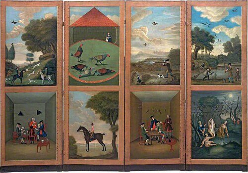 Hunting, Cock-Fighting, Card-Playing, Horse-Riding, Game-Shooting, Dice-Throwing, Fishing and Bathin, 1746, 
