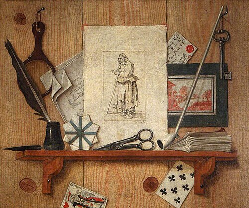 Trompe l'oeil with Writing Implements, a Print by Jacques Callot and Scissors, 1800, 
