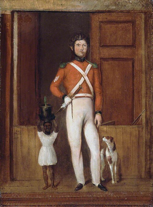 A Sergeant of a Cavalry Regiment (standing by an open doorway, with a black child and dog, probably , 1830, 