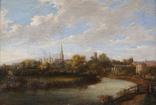 Shrewsbury from Castlefields, Shropshire, 1855, 