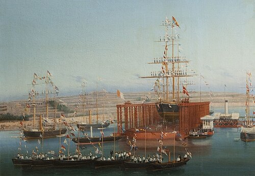 The Inauguration of the Clarence Hydraulic Dock at Malta, January 1873  (HMS 'Cruiser' in the dock), 1873, 