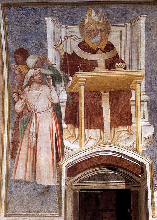 St Ambrose Enthroned Flagellating Two Heretics, 1375, 