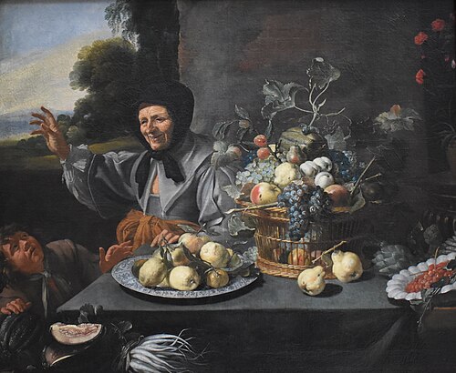 Une vieille femme défendant son étal de fruits à un jeune chapardeur, 1656, 