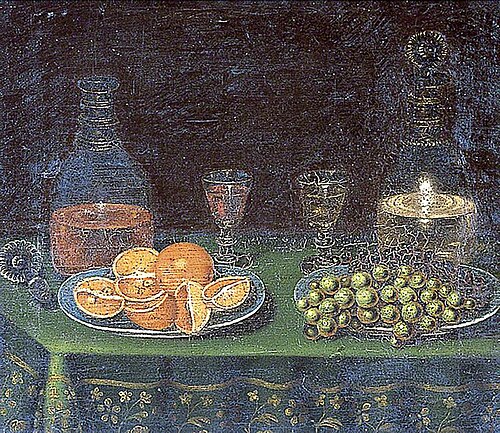 Still Life of Fruit with Decanters and Glasses, 1750, 