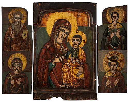 Icon with the Virgin Hodegetria and Four Saints (triptych), 1800, 