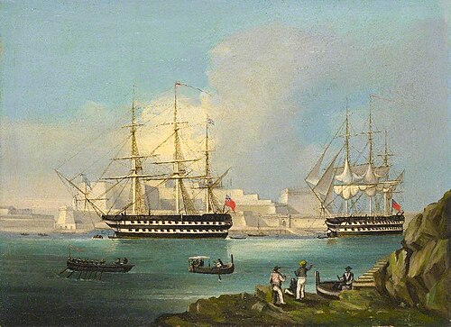 British Two-Deckers Moored under Fort St Angelo in Dockyard Creek, Grand Harbour, Malta, as seen fro, 1850, 