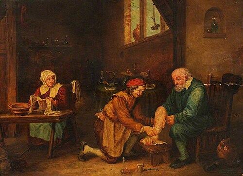 A Kneeling Surgeon Bandaging the Leg and Foot of an Old Man, 1884, 
