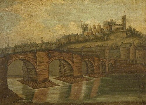 Loyne Bridge, Castle, Parish Church, Old Town Hall and St John's Church, 1750, 