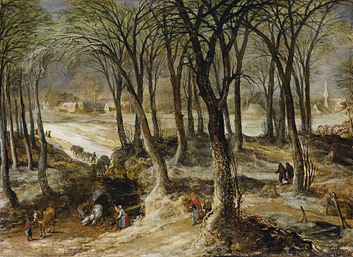 Winter landscape with an overturned horse-drawn cart, and figures driving a herd, 1620, 