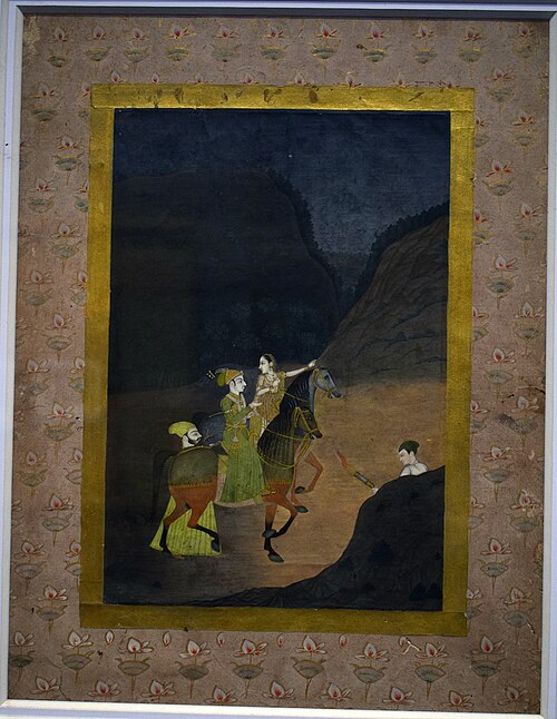 Rupmati-Bazbahadur on horse at night, 1700, 