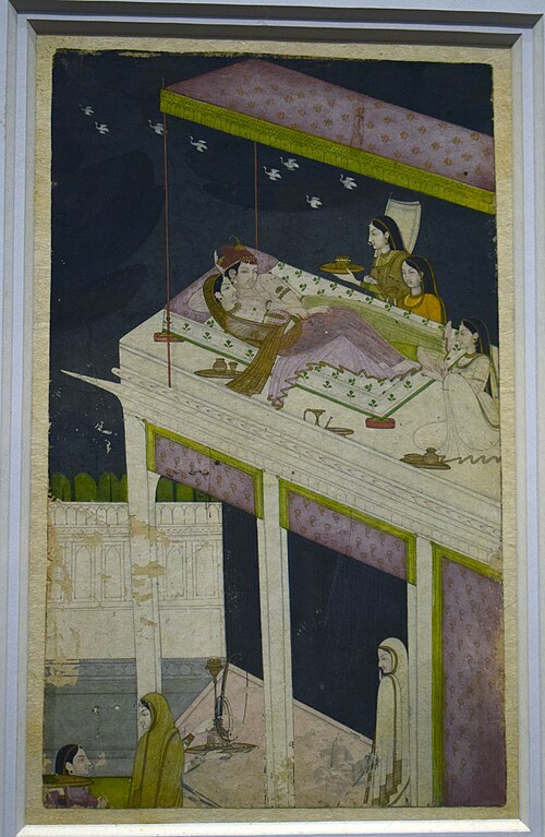 Nayaka and nayika enjoying rain clouds, 1700, 