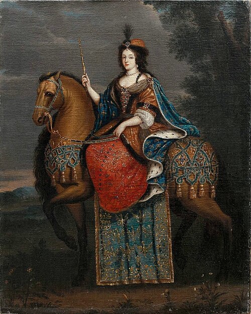 Portrait de la reine Marie Casimire en costume de sacre à cheval., 1670, 