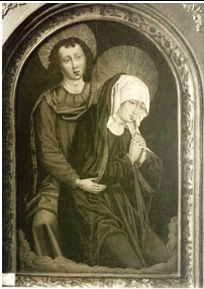 John, deeply moved, supports the sorrowful Mother of God kneeling on clouds, 1500, 