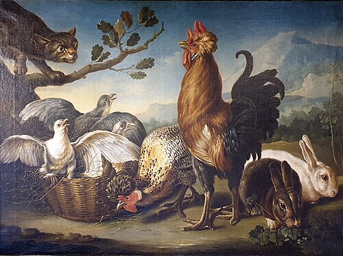 Cat on birdyard with two rabbits, 1690, 