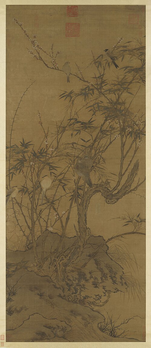 Plum Tree, Bamboo, and a Gathering of Birds, , 