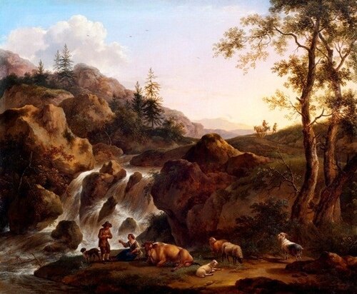 Mountain landscape with a waterfall on the left., 1767, 