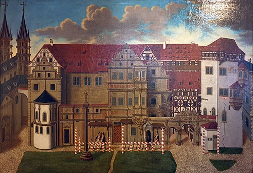 The Alte Hofburg before the demolition of the buildings Hohe Warte and Andreaskapelle, 1775, 