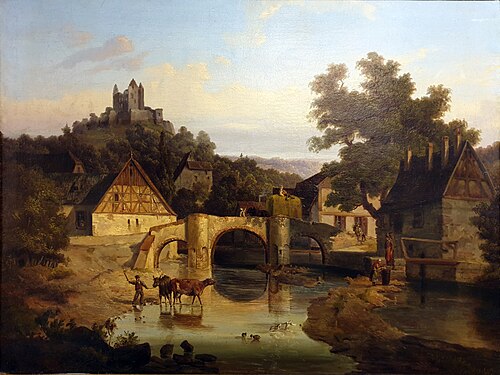 Franconian village with the castle ruins of Trimberg, 1853, 