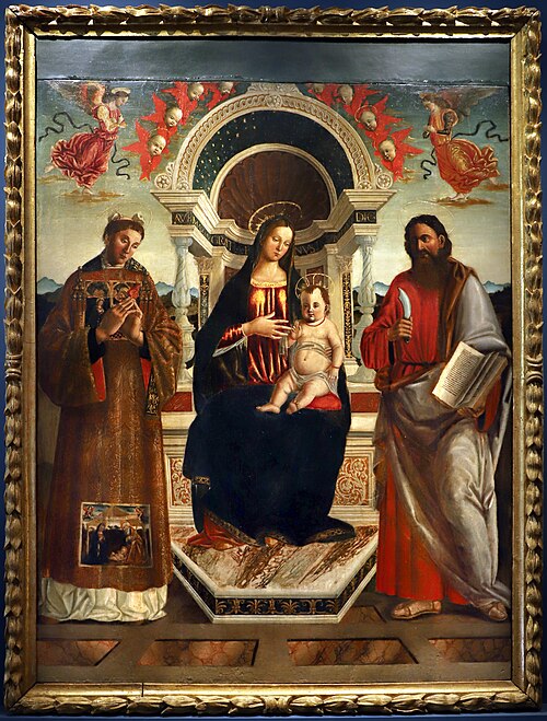 madonna col bambino in trono tra i ss. stefano e bartolomeo, , 
