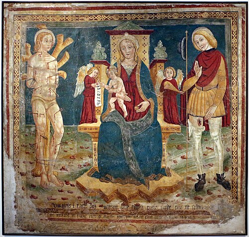 madonna col bambino tra i ss. sebastiano e rocco, 1495, 