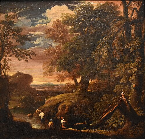 Paysage d'Italie au soleil couchant avec des pêcheurs, 1660, 