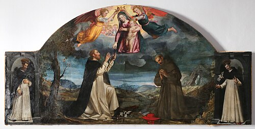 Madonna del Rosario con i ss. Domenico, Bonaventura, pietro martire e altro domenicano, 1600, 