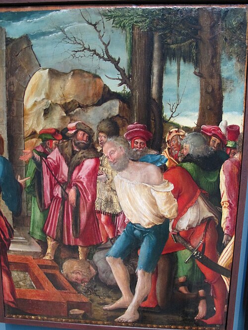 Eligius altar: Healing of a possessed at the tomb of Saint Eligius, 1520, 