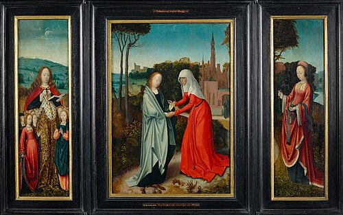 Triptychon. Heimsuchung Mariae zwischen St. Ursula mit den Zehntausend Jungfrauen und St. Martha. Au, 1500, 
