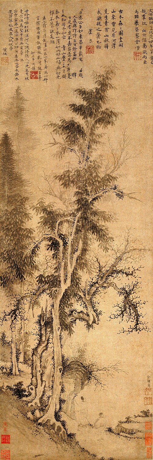 元  金黼  山林曳杖图轴, , 