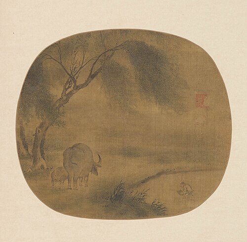 宋人  柳下双牛图纨扇页, , 