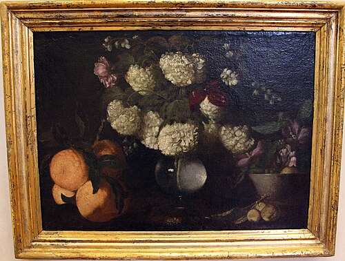natura morta con boules de neige, rosa, mughetti e frutta, 1675, 