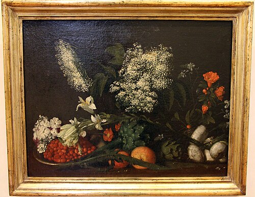 natura morta con fragole, fiori di sambuco, gigli, carciofi e cipolle, 1675, 