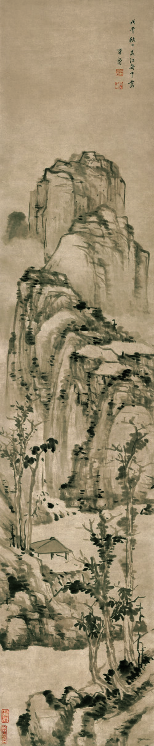 明李流芳疏树孤亭轴, , 