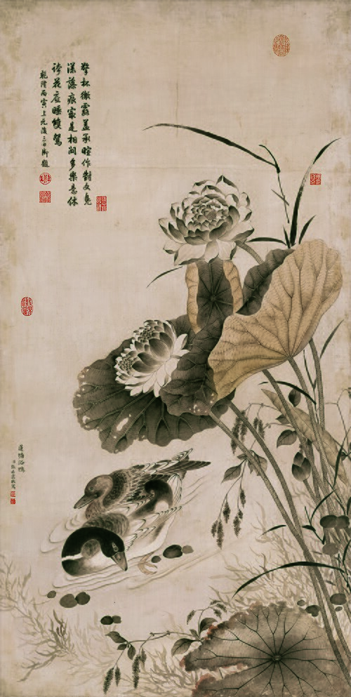 清张若霭仿宋莲塘浴鸭图轴, , 