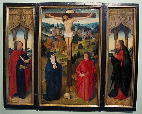 trittico con la crocifissione e santi, 1550, 