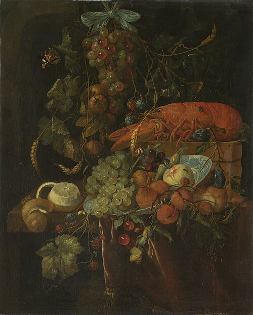 Still life with fruit and a lobster, 1650, 