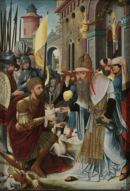 Left wing of an altarpiece with the meeting of Abraham and Melchizedek (inner wing) and Synagoga (ou, 1515, 