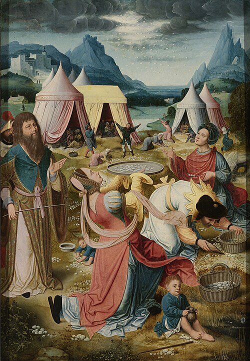 Right wing of an altarpiece with the gathering of manna (inner wing) and Ecclesia (outer wing), 1515, 