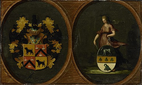 Heraldic panel with family shields of the couple Hortensia del Prado and second husband Peter Courte, 1625, 