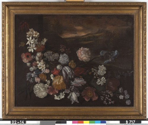 Stilleven met bloemen voor een landschap, 1650, 