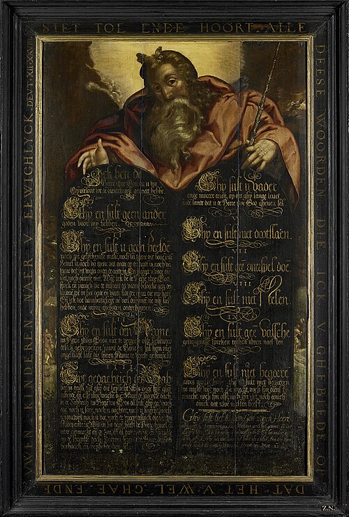 The Tablets of the Law of the Ten Commandments in calligraphy shown by Moses, 1560, 