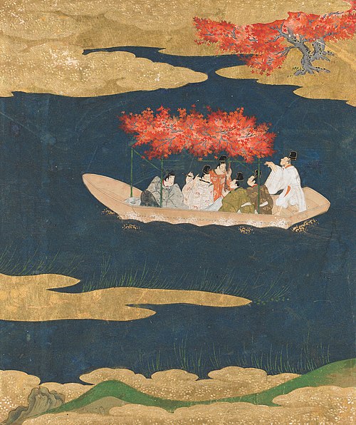 Kaoru sur un bateau couvert de feuilles écarlates voguant vers Uji, 1620, 