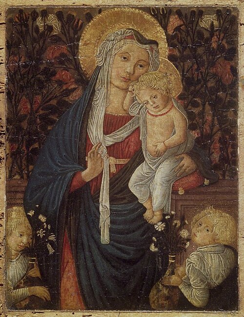 Virgin and Child with Two Angels Before a Rose Hedge, 1450, 