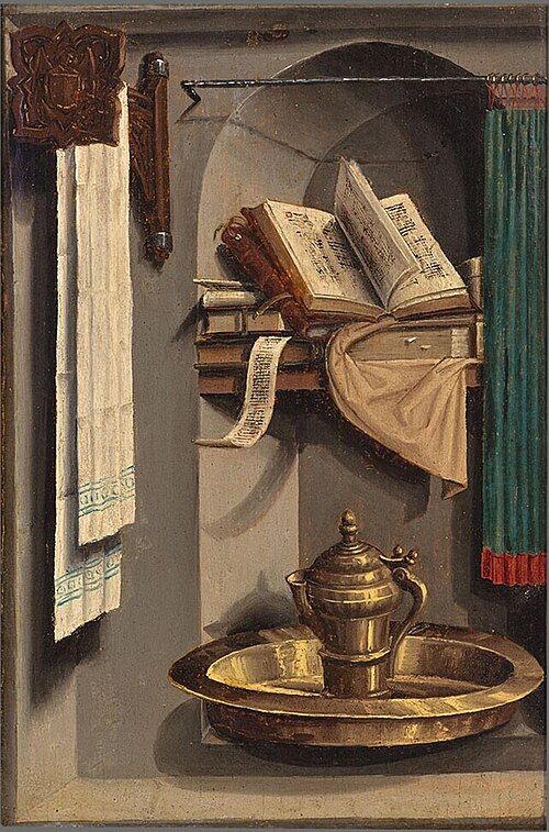 Still life with books, water jug and basin, 1475, 